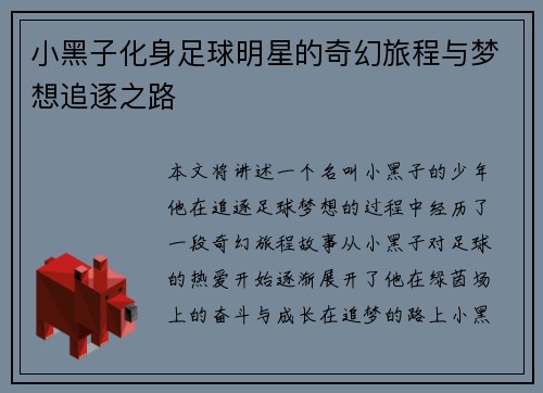 小黑子化身足球明星的奇幻旅程与梦想追逐之路